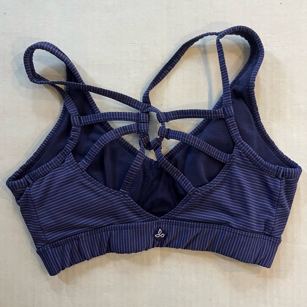 Prana Dreaming sports bra purple striped strappy caged back V neck size XS - Picture 4 of 8